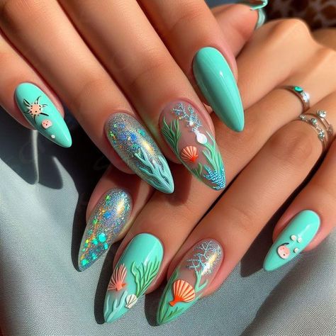 by #SamaliKasthuri #Summer #Nails #Ideas Nails Art Summer 2024, Summer Nails Ideas 2024 Almond, Nail Inspiration Summer 2024 Almond, Ocean Nails Designs, Nail Designs With Chrome, Nail Chrome Designs, Nail Art Summer 2024, Glitter Summer Nails, Nails Seashell