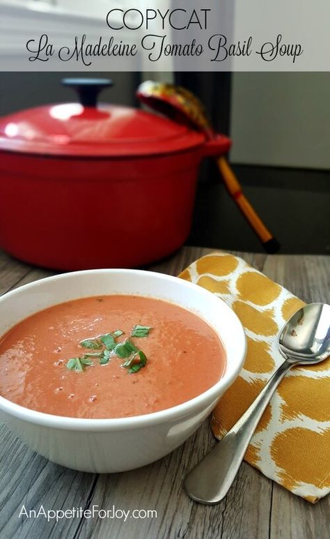 La Madeleine Tomato Basil Soup, Tomato Bisque Soup, Tomato Basil Soup Recipe, Creamy Tomato Basil Soup, Bisque Soup, Copy Cats, Soup Appetizers, Healthy Soups, Tomato Bisque