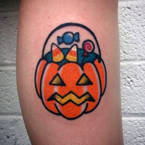 60 Candy Tattoo Ideas For Men - Sweet Designs Traditional Candy Tattoo, Halloween Candy Tattoo, Candy Tattoo, Pumpkin Tattoo, Autumn Tattoo, Birthday Tattoo, Traditional Pumpkin, Scary Tattoos, About Halloween