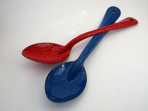 Red Speckled Enamelware, Enamel Ware, Spoons, Red Blue, 4th Of July, Red And Blue, Red, Blue