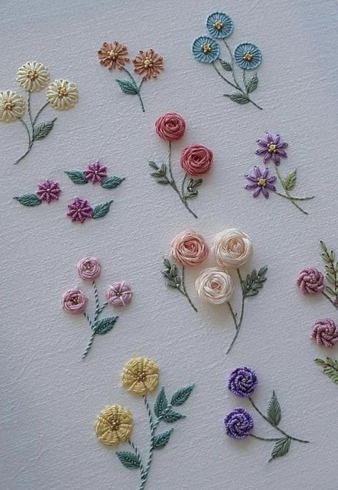 Handkerchief Embroidery, Textiles Ideas, Sulaman Pita, Basic Hand Embroidery Stitches, Simple Hand Embroidery Patterns, Ribbon Embroidery Tutorial, Diy Embroidery Designs, Hand Embroidery Patterns Flowers, Diy Embroidery Patterns