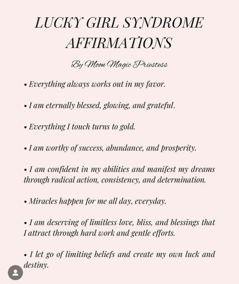 lucky girl syndrome affirmations Affirmations Before Presentation, Writing Manifestations For Love, Inspiring Words For Today, Lucky Girl Manifestation, Self Healing Affirmations, Lucky Girl Affirmations, Lucky Affirmations, Self Affirmation Quotes, Self Care Affirmation