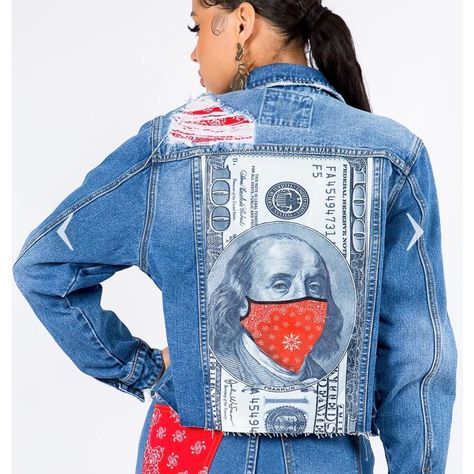 Fashion Nova- American Bazi New Without Tags, Size Large Nothing But Trouble Bandana Print Denim Jacket - Medium Blue Wash Front Button Closure Graphic Printed Back, Raw Cut Hem,100% Cotton Benjamins Money Dollar Signs Measurements Pit-Pit: 21" Length: 21, Sleeve: 25" Artistic Long Sleeve Denim Jacket With Graphic Print, Urban Denim Blue Jacket With Graphic Print, Cotton Denim Jacket With Graffiti Print, Trendy Graffiti Print Denim Jacket, Blue Hand Painted Denim Jacket For Streetwear, Money Dollar, Nothing But Trouble, Dollar Signs, Printed Denim Jacket