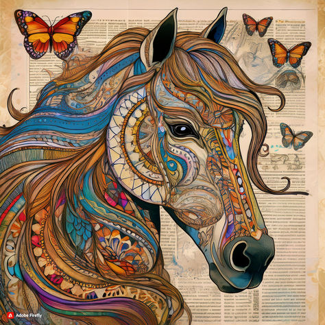 Curly long hair horse mandala bohemian style colored collage of butterflies and newspaper Long Hair Horse, Curly Long Hair, Color Collage, Long Curly Hair, Colour Images, Newspaper, Bohemian Style, Graphic Resources, Long Hair