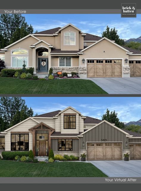 Craftsman Home Exterior Paint Colors, Trendy Exterior House Colors 2022, Exterior House Colors Inspiration, Exterior Paint Colors For House Vertical Siding, Exterior House Flip, Remodeled House Exterior, Different House Exterior Materials, New Exterior Home Trends, Home Exterior Material Combinations