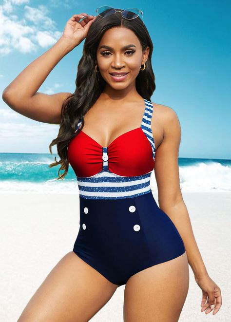 American Flag Print Cutout Back Button Detail One Piece Swimwear Lingerie Design, Swimwear Pattern, Swimsuits Outfits, Retro Graphic Tees, American Flag Print, Odense, One Piece For Women, Bra Styles, One Piece Swimwear