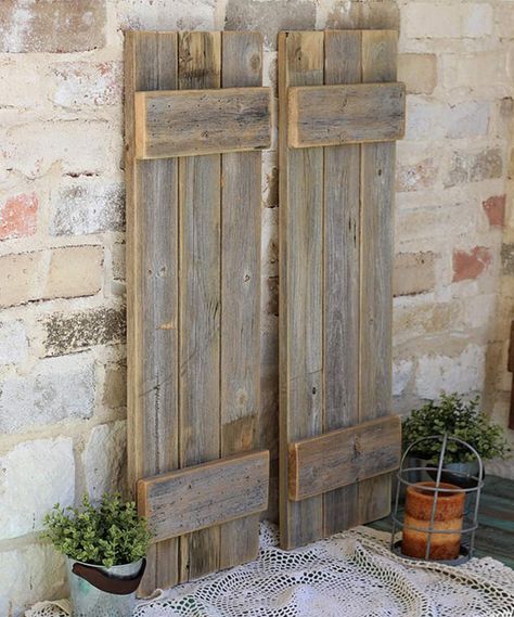 Natural Reclaimed Wood Farmhouse Shutters Decorative Shutters, Indoor Shutters, Farmhouse Shutters, Shutter Wall, Rustic Shutters, Outdoors Style, House Shutters, Diy Shutters, Wood Farmhouse