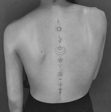 Back Astrology Tattoo, Third Eye Spine Tattoo, Aries Lotus Tattoo, Yoga Spine Tattoo, Unalome Third Eye Tattoo, Aries Unalome Tattoo, Lotus Sun Moon Star Tattoo, Unalome Spine Tattoos For Women, Sun Moon Unalome Tattoo