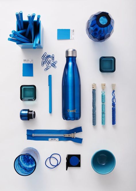 Knolling Photography, Blue Water Bottle, Collections Of Objects, Object Photography, Digital Portrait Art, Composition Photography, Prop Styling, Flat Lay Photography, Calming Colors