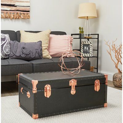 Breakwater Bay Walser Footlocker Trunk Color: Black Black Trunks, Tin Chest Trunks, Travel Trunks Vintage, Monochromatic Interior Design, Antique Travel Trunk, Black Trunk, Storage Trunks, Diy Home Decor Easy, Creative Home Decor