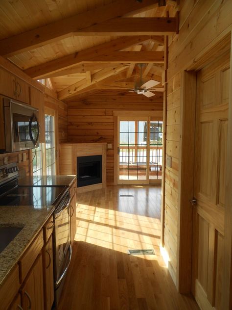 Tiny Log Cabin Interior, Small Log Cabin Homes Interior, Log Cabin Modular Homes, Log Cabin Mobile Homes, Small Log Cabin Plans, Pre Built Cabins, Log Cabin Flooring, Amish Cabins, Tiny Log Cabins