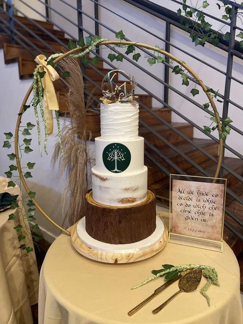 Lord of the Rings inspired wedding cake done for a LOTR themed Wedding Lotr Themed Wedding, Geek Wedding Cake, Lord Of The Rings Wedding, Hobbit Wedding, Enchanted Forest Birthday Party, Enchanted Forest Birthday, Lotr Wedding, Forest Birthday Party, Small Backyard Wedding