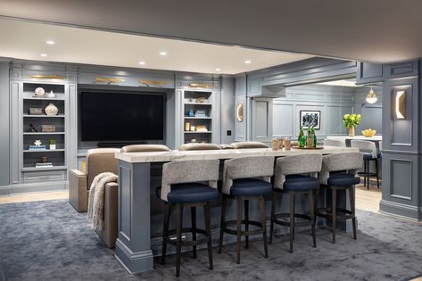 Better Than A Finished Basement on the North Shore - Contemporary - Home Theater - New York - by Annette Jaffe Interiors | Houzz Basement Transformation, Home Theater Ideas, Contemporary Basement, Arcade Room, Golf Simulator, Basement Bar Designs, Basement Kitchen, At Home Movie Theater, Basement Makeover