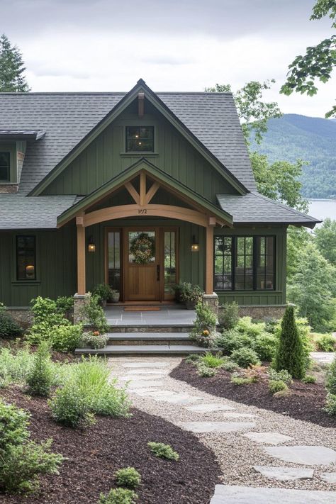 40 Stunning Modern Green Color Mountain Houses Sage Green Craftsman Exterior, Green House Ideas Exterior, Magnolia House Exterior, Dark Olive Exterior House, Dark Green House With Black Windows, Yellowstone House Exterior, Green Exterior Barndominium, Hunter Green Home Exterior, Forest Green Vinyl Siding House