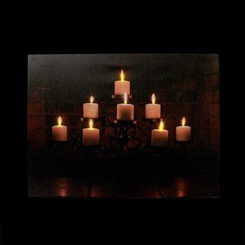 Northlight Battery Operated 8 LED Lighted Rustic Lodge Fireplace Candles Scene Photographic Print on Canvas & Reviews | Wayfair Lodge Fireplace, Fireplace Candles, Rustic Fireplace, C9 Christmas Lights, Pre Lit Wreath, Candles In Fireplace, Bakers Rack, Rustic Fireplaces, Candle Canvas