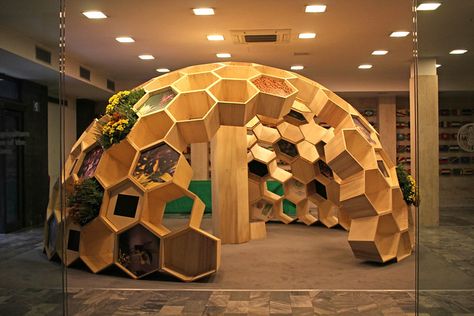 Bee Exhibition, Geodesic Dome Homes, Honey Shop, Bee Inspired, Dome House, Geodesic Dome, Bee Art, Booth Design, Bee Hive