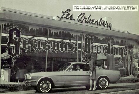 1966 Les Arkenberg Ford Dealership, Gardena, California La Suburbs, 1966 Mustang Fastback, Gardena California, Used Car Lots, Mustang 1964, Ford Mustang 1964, Vintage Mustang, High School Yearbook, Vintage Muscle Cars