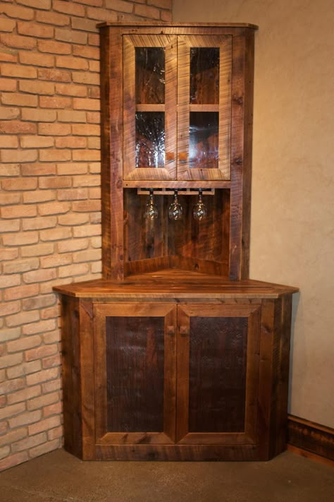 Mini Corner Bar - handcrafted from reclaimed barnwood by Mortise + Tenon Woodworks in Bozeman, Montana. Bar In Corner Of Living Room, Corner Bars, Corner Kitchen Bar, Diy Corner Bar Cabinet, Mini Corner Bar Ideas, Corner Cabinet Bar, Diy Corner Liquor Cabinet, Corner Alcohol Cabinet, Corner Bar Cabinets For Home