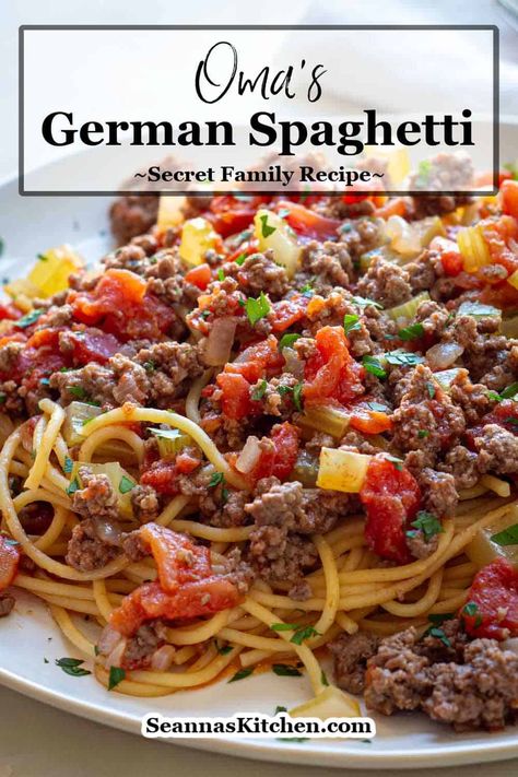 Oma's Secret Spaghetti 🍝 This classic German spaghetti recipe is a family favorite! Quick, easy, and oh-so flavorful, this ground beef pasta sauce is ready in just 30 minutes. Perfect for busy weeknights! #germanspaghetti #comfortfood #easyrecipes German Spaghetti Recipes, Hamburger Spaghetti Recipes, Easy Ground Beef Spaghetti Recipes, School Cafeteria Spaghetti, Meat Spaghetti Recipes, Ground Beef Spaghetti Recipes, German Spaghetti, Spaghetti Beef Recipe, Beef Pasta Sauce