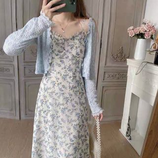 Shinobu - Square-Neck Floral Midi Dress | YesStyle Korean Long Dress, Long Dress Elegant, Floral Dress Outfits, Long Dresses Elegant, Womens Dress Suits, Sleeveless Dresses, White Floral Dress, Dresses Blue, Blue Floral Print