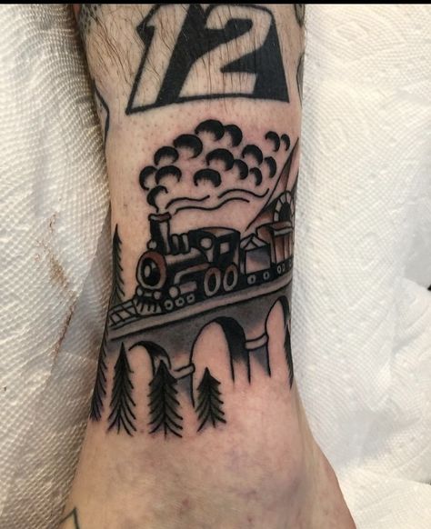 Train Traditional Tattoo, American Traditional Train Tattoo, Smokey And The Bandit Tattoo, Roof Tattoo, Traditional Mountain Tattoo, Train On Bridge, Train Tattoos, Tank Tattoo, Twilight Tattoos