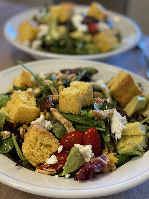 Cherry Creek Grill's Macho Salad - Holding Court Rotisserie Seasoning Recipe, Macho Salad, Dates Goat Cheese, Watermelon Arugula Salad, Rotisserie Chicken Seasoning, Cornbread Croutons, Grilled Salad, Lunch Sides, Arugula Salad