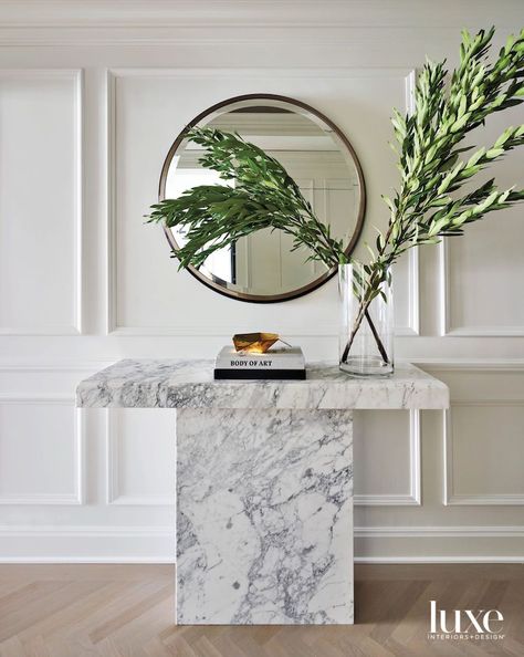 Chicago Buildings, Statuario Marble, Marble Console Table, Marble Console, Modern Stairs, Marble Side Tables, Luxe Interiors, Interiors Design, Dining Table Marble