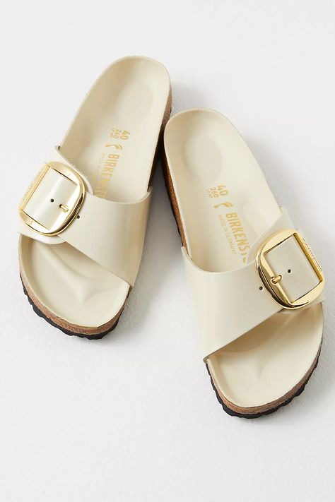 Madrid Big Buckle High Shine Birkenstock | Free People Madrid Big Buckle, Birkenstock Madrid Big Buckle, Birkenstock Sandals Arizona, Birkenstock Brown, Two Strap Sandals, Birkenstock Black, Footbed Sandals, Silver Sandals, Birkenstock Sandals