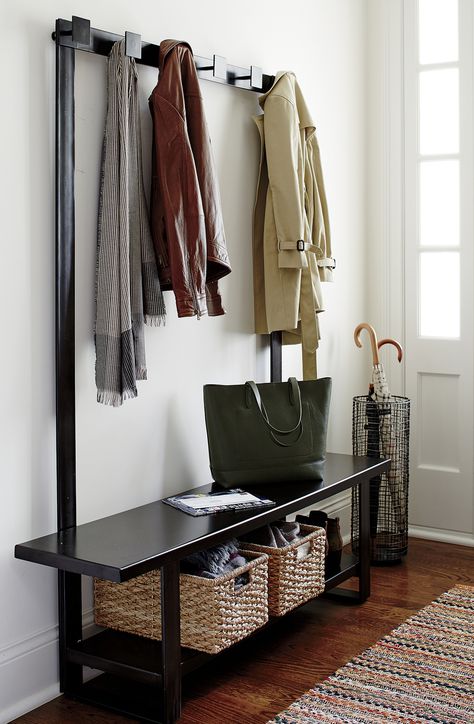 Our contemporary hall tree bench and coat rack welcome a new generation of outerwear storage, crafted entirely of iron with a durable gunmetal powdercoat finish in rich, dark bronze. Bench And Coat Rack, Mid Century Modern Entryway, Hallway Ideas Diy, Coat Rack Bench, Hall Tree Bench, Entryway Coat Rack, Mudroom Entryway, Coat Tree, Entryway Benches