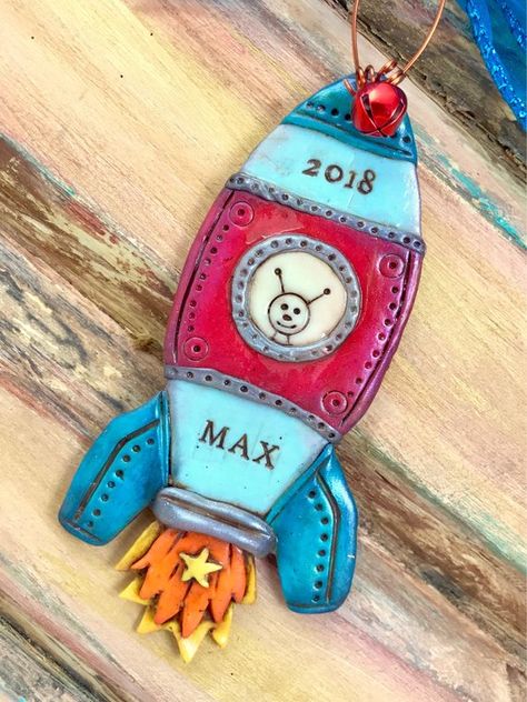 Personalized Astronaut / Outer Space / Spaceship / Rocket / Alien / Galaxy / Fire Power Keepsake Polymer Clay Ornament Clay Spaceship, Alien Galaxy, Clay Projects For Kids, Kids Clay, Air Dry Clay Projects, Polymer Clay Ornaments, Art Camp, Pottery Clay, Camp Ideas