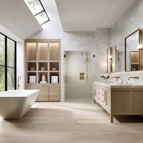 Dreaming up a few spaces. . 1. Mountain modern primary bedroom. 2 Love the linen storage in this white oak and marble bathroom. 3. Pantry goals. 4. Moody powder bath. . AI Design: @misaliddiard . . #misaliddiard #coloradohomes #theforestdwelling #ltkhome Luxury Bedroom Master Modern White, Modern Luxury Bathroom Design Master Bath, Bathrooms Luxury Modern, Modern Primary Bedroom, Bedroom Master Modern, Master Bathrooms Luxury, Bathroom Modern Luxury, Primary Bathroom Design, Wood Tile Bathroom Floor