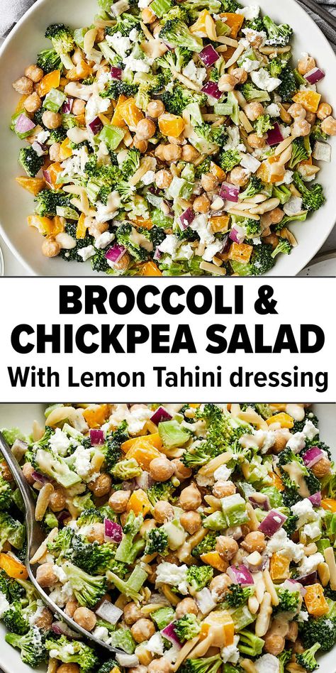 broccoli and chickpea salad Chickpea Meals Healthy, Healthy Chickpea Pasta Salad, Chickpea And Tahini Recipe, Chopped Salad Vegetarian, Sides Dishes Healthy Easy, Broccoli Salad With Tahini Dressing, Chickpea Salad With Tahini Dressing, Healthy Salads Without Lettuce, Chopped Salad No Lettuce