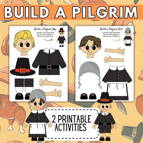 Build A Pilgrim Kids Crafts Activity, Thanksgiving DIY Craft, Festive Pilgrim Printable, Two Printable Activities For Kids, Kids Crafts by GabbieGrayDesigns on Etsy Pilgrim Activities, Pilgrim Crafts, Prep Girl, Thanksgiving Crafts Diy, Thanksgiving Activities For Kids, Thanksgiving Projects, Craft Templates, Thanksgiving Crafts For Kids, Thanksgiving Diy