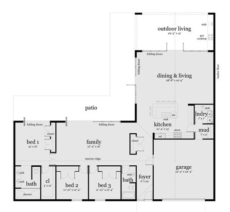 V Shaped House Plans Layout, Slab On Grade House Plans, L Shape House Design Exterior, L Shaped Ranch, L Shaped House Plans, L House, Shaped House, L Shaped House, Ranch House Designs