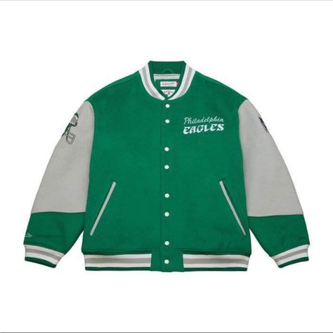 Authentic Mitchell & Ness Eagles Varsity Jacket Purchased At Eagles Pro Shop On Day One Release New With Tags. Eagles Jacket, Eagles Team, Nfl Philadelphia Eagles, Washington Football, Jersey Outfit, New York Islanders, Vintage Jerseys, Trail Blazers, Letterman Jacket