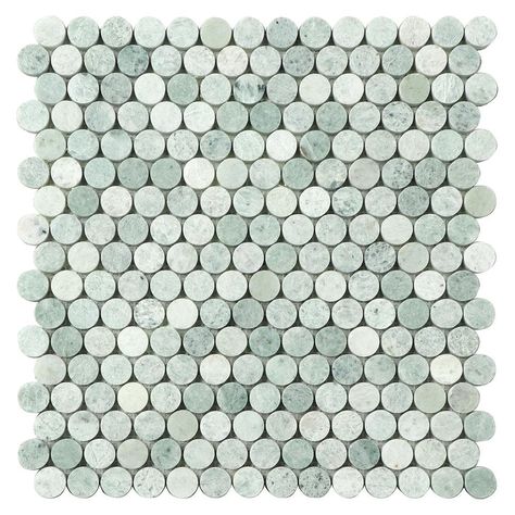 Color: Ming Green Material: Natural Marble Overall Product Weight: 3.4 lb. Light Green Marble Bathroom, Green Mosaic Tile Bathroom, Green Penny Tile, Green Floor Tile, Green Penny Round Tile Bathroom, Pale Green Shower Tile, Penny Round Tile Bathroom, Green Mosaic Floor Tile, Green Tile Floor