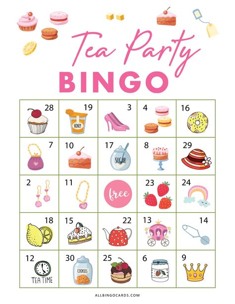 Free Printable Tea Party Bingo Tea Party Bingo, Church Ladies Tea Party, Cute Tea Party, Picture Bingo, Tea Party Activities, Custom Bingo Cards, Diy Tea Party, Bingo Card Template, Tea Party Games