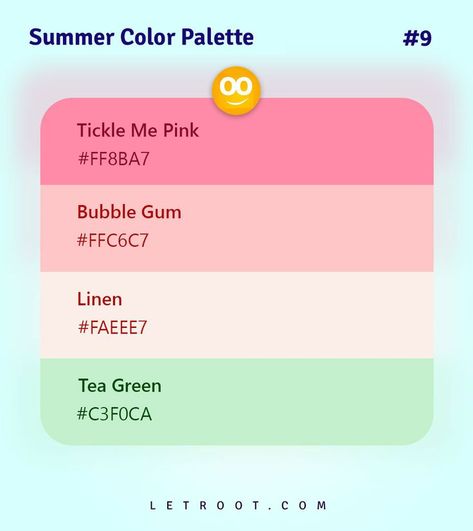 In this article you will find the 10 best summer color palettes for your design to your business products like t-shirts, beverages and cosmetics. You can easily copy Hex codes for each color and use it for your artworks and designs. Summer Color Palette With Hex Codes, Preppy Color Palette Hex Codes, Summer Hex Codes, Cute Color Hex Codes, Bubble Gum Color Palette, Bright Color Hex Codes, Summer Color Palette Hex Codes, Apple Calendar Color Palette, Good Notes Color Palette Hex Codes