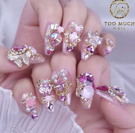 Mythical Nails, Japanese Bling Nails, Glitter 3d Flower Nails, Japanese Rhinestone Nails, 3d Charms For Nails, Kawaii Rhinestone Nails, Rhinestones Nails, Elegant Touch Nails, Opal Nails