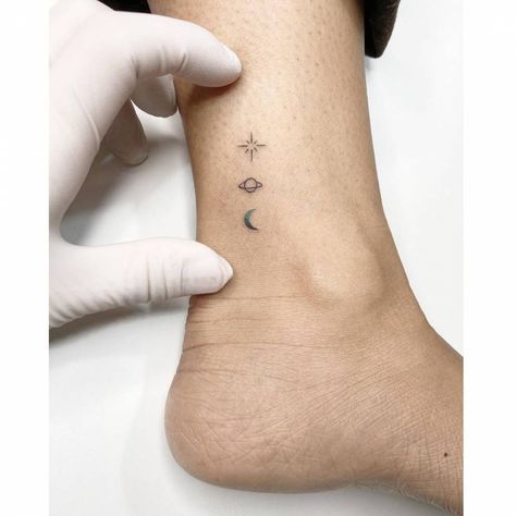 Saturn Ankle Tattoo, Moon And Saturn Tattoo Minimalist, Moon To Saturn Tattoo, Saturn And Moon Tattoo, Moon Saturn Tattoo, Saturn Tattoo Minimalist, Saturn And Moon, Moon And Saturn Tattoo, Astronomy Planets