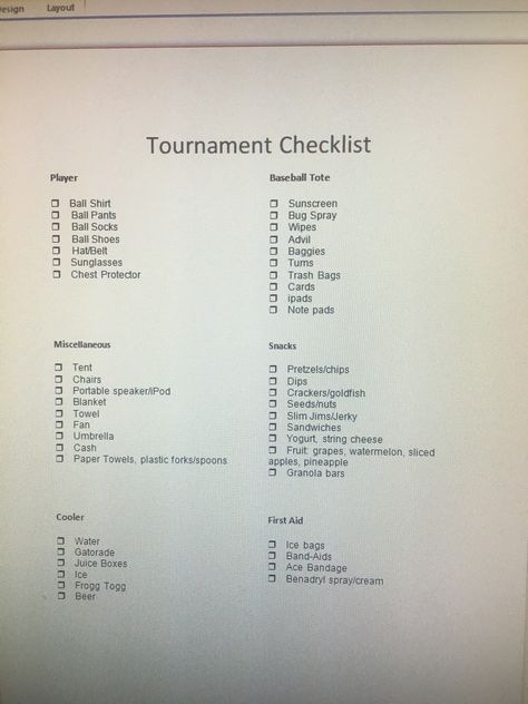 Baseball tournament checklist Tournament Baseball Mom, Baseball Tournament Snack Ideas, Tournament Food For Kids, Baseball Tournament Food Ideas, Baseball Mom Necessities, Baseball Tournament Snacks, Softball Tournament Packing List, Hockey Tournament Packing List, Baseball Bags For Moms