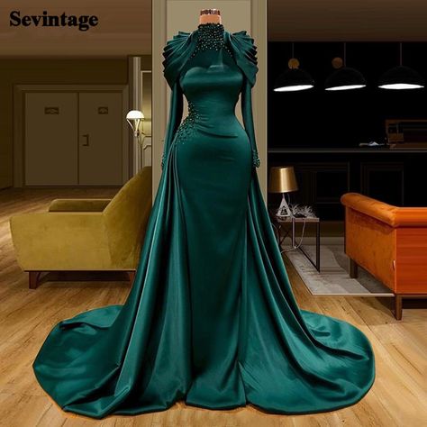 High Neck Prom Dresses, Formal Dresses Cheap, Evening Dresses Long Sleeve, High Neck Prom Dress, Green Prom, Cheap Evening Dresses, Satin Evening Dresses, Braut Make-up, Long Sleeve Prom