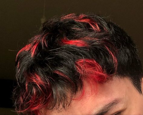 Dark Red Dyed Hair Men, Red Tips Short Hair, Bright Red Hair Men, Red Highlights Men Hair, Red And Black Hair Male, Red Highlights In Brown Hair Men, Red Highlights On Dark Hair Men, Hair Dye Ideas Short Hair Boy, Men’s Hair Dye Ideas