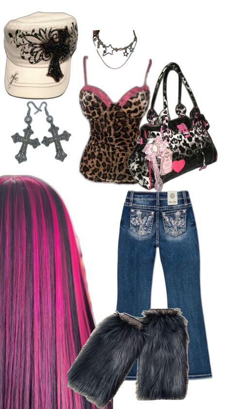 pink hot pink black leopard print bag outfit necklace fur legwarmers Pink And Cheetah Print Outfit, Pink And Leopard Print Outfit, Hot Pink Y2k Outfits, Black Draculaura, Draculaura Outfit, Y2k Pink Outfit, Fem Queen, Hot Pink Cheetah Print, 2000s Birthday