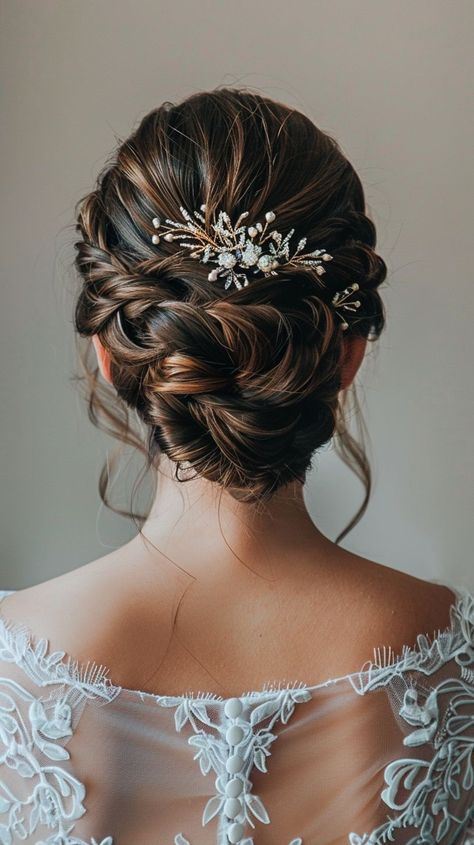 Wedding Hairstyles For Updo, Bridal Hair Updo With Veil Headpieces, Updo Hairstyles With Hair Pieces, Modest Wedding Hairstyles, Wedding Updo Headband, Wedding Hairstyle Dark Hair, Wedding Updos Ponytails, Wedding Hairstyles Updo Brunette, Bride Hair With Hair Piece