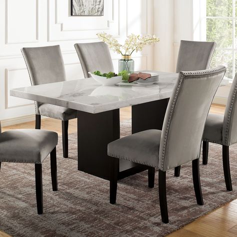 From the Furniture of America Cots collection comes this transitional dining table, which blends ultra-modern elements into a classic, timeless design aesthetic. Black Dining Room Sets, Transitional Dining Table, Marble Top Dining Table, Transitional Dining Room, Transitional Dining, Black Dining Room, 7 Piece Dining Set, Marble Table Top, Marble Dining