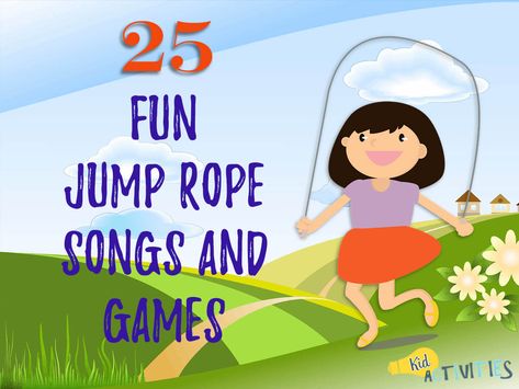 The ulimate list of 25 jump rope songs, rhymes, and games. Enjoy some traditional jump rope songs as well as some catchy new songs. Hours of entertainment Jump Rope Rhymes, Jump Rope Songs, Jump Rope Games, Physical Literacy, Recess Games, Funny Jump, Elementary Physical Education, Kid Games, Pe Games