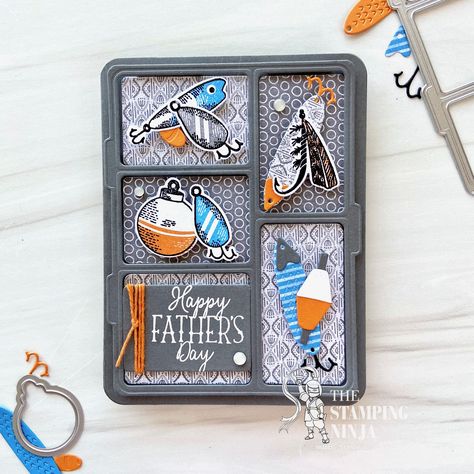 The Gone Fishing bundle from Stampin' Up! makes a great Father's Day Card. This one in particular was made for a color challenge - #TGIFC476. The colors are Azure Afternoon, Basic Gray, and Pumpkin Pie. A FREE tutorial can be found on my blog. Stampin Up Gone Fishing Tackle Box Cards, Stampin Up Gone Fishing Dies, Gone Fishing Cards, Stampin Up Gone Fishing Cards, Stampin Up Gone Fishing, Mens Cards, Stampin Pretty, Fishing Cards, Card Decoration