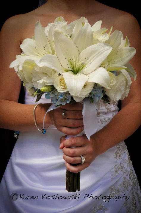 Stunning lily bouquet Tiger Lily Bouquet, Pale Blue Hydrangea, Blue Bouquets, Brides Flowers, White Lisianthus, Brides Flowers Bouquet, Lily Bridal Bouquet, Hydrangea White, White Lily Flower