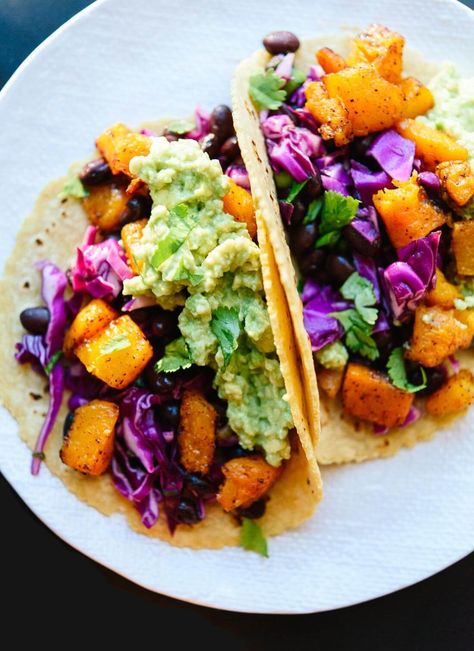 Simple roasted butternut squash tacos, a perfectly healthy and delicious weeknight meal! cookieandkate.com Slaw Tacos, Squash Tacos, Butternut Squash Tacos, Sweet Potato Tacos, Cooking Black Beans, Roasted Butternut Squash, Roasted Butternut, Taco Recipes, Black Bean